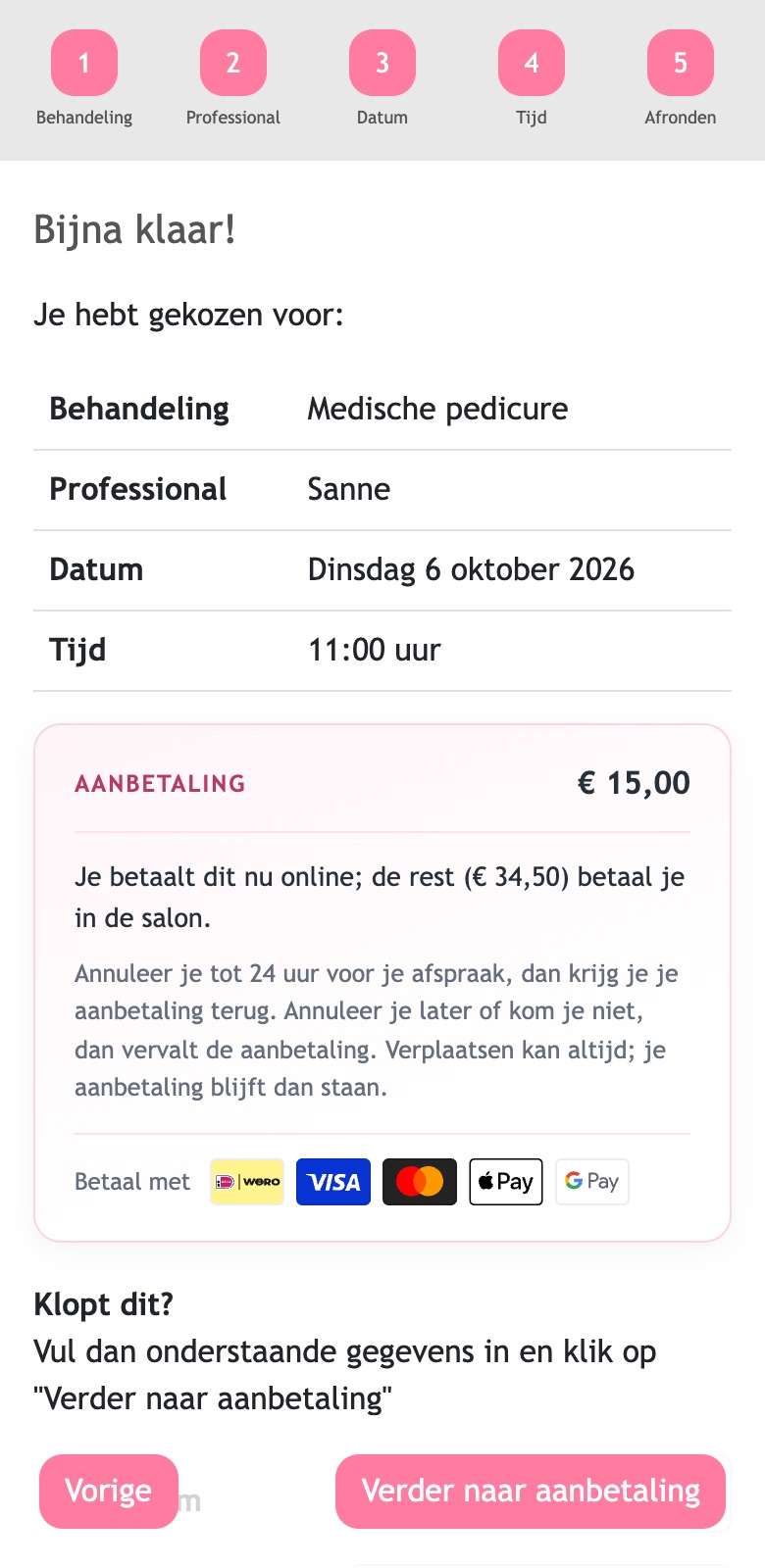 De widget bij het afronden: aanbetaling van € 15,00 met iDEAL | Wero, Visa, Mastercard, Apple Pay of Google Pay