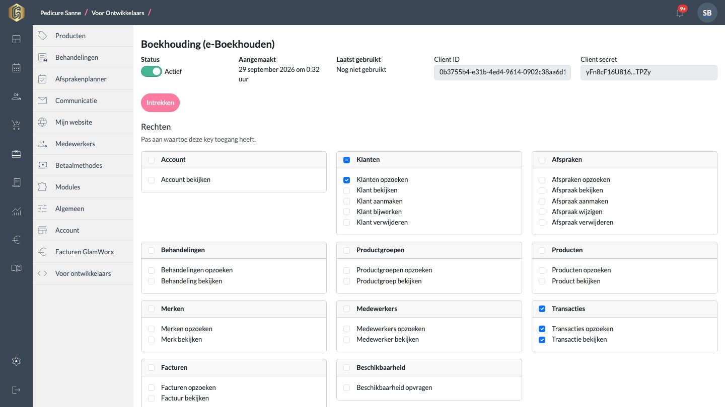 Een API-sleutel voor een boekhoudkoppeling met de gekozen rechten