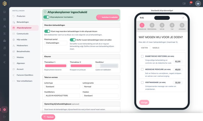 Instellingen, Afsprakenplanner: het blok Meerdere behandelingen met maximaal aantal en buffer laten vervallen, naast het voorbeeld op een telefoon