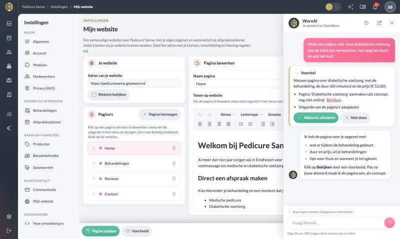 Het WorxAI-venster naast Mijn website, met een voorstel voor een nieuwe pagina en de knoppen Akkoord, uitvoeren en Niet doen