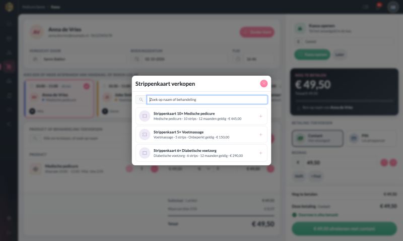 Het venster Strippenkaart verkopen in de kassa met drie strippenkaarten om uit te kiezen
